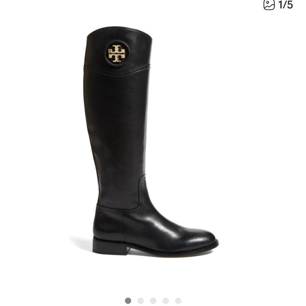 Tory Burch Ashlynn Riding Boots  Black with Gold Logo size 5.5 M